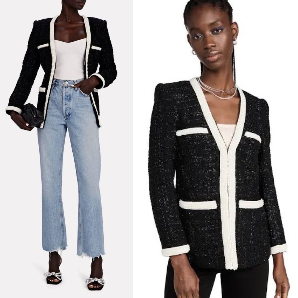 Veronica Beard Kemsley Pearl Trim Tweed Jacket Sweater Black NWT Size 0 Black